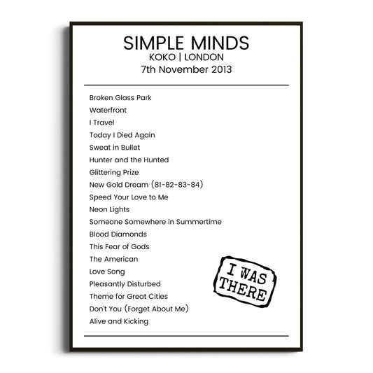 Simple Minds London 07 November 2013 Setlist Poster