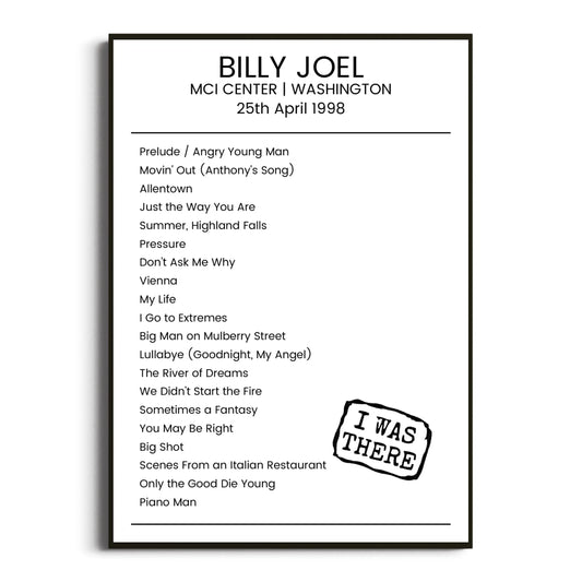 Billy Joel Washington 25 April 1998 Setlist Poster