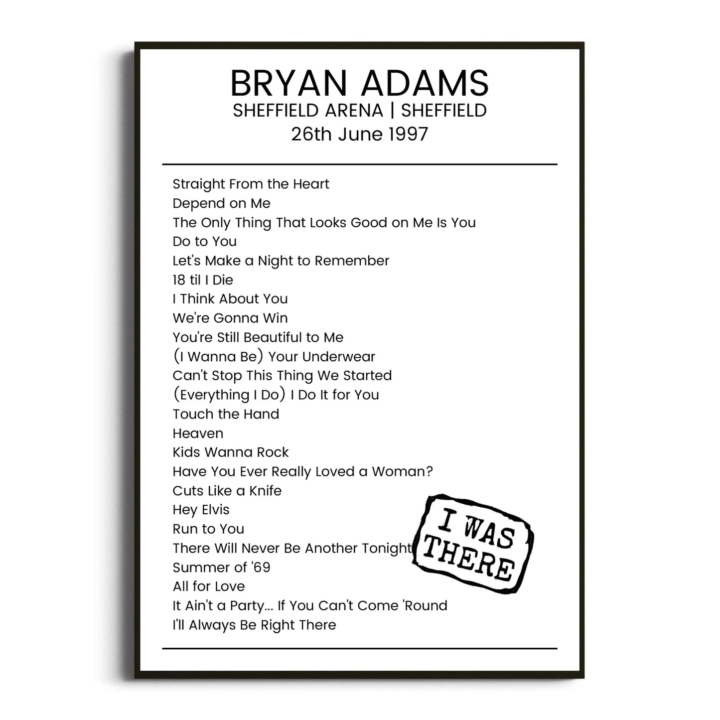 Bryan Adams Sheffield 26 June 1997 Setlist Poster