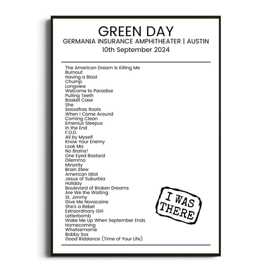 Green Day Austin 10 September 2024 Setlist Poster