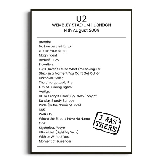 U2 London 14 August 2009 Setlist Poster