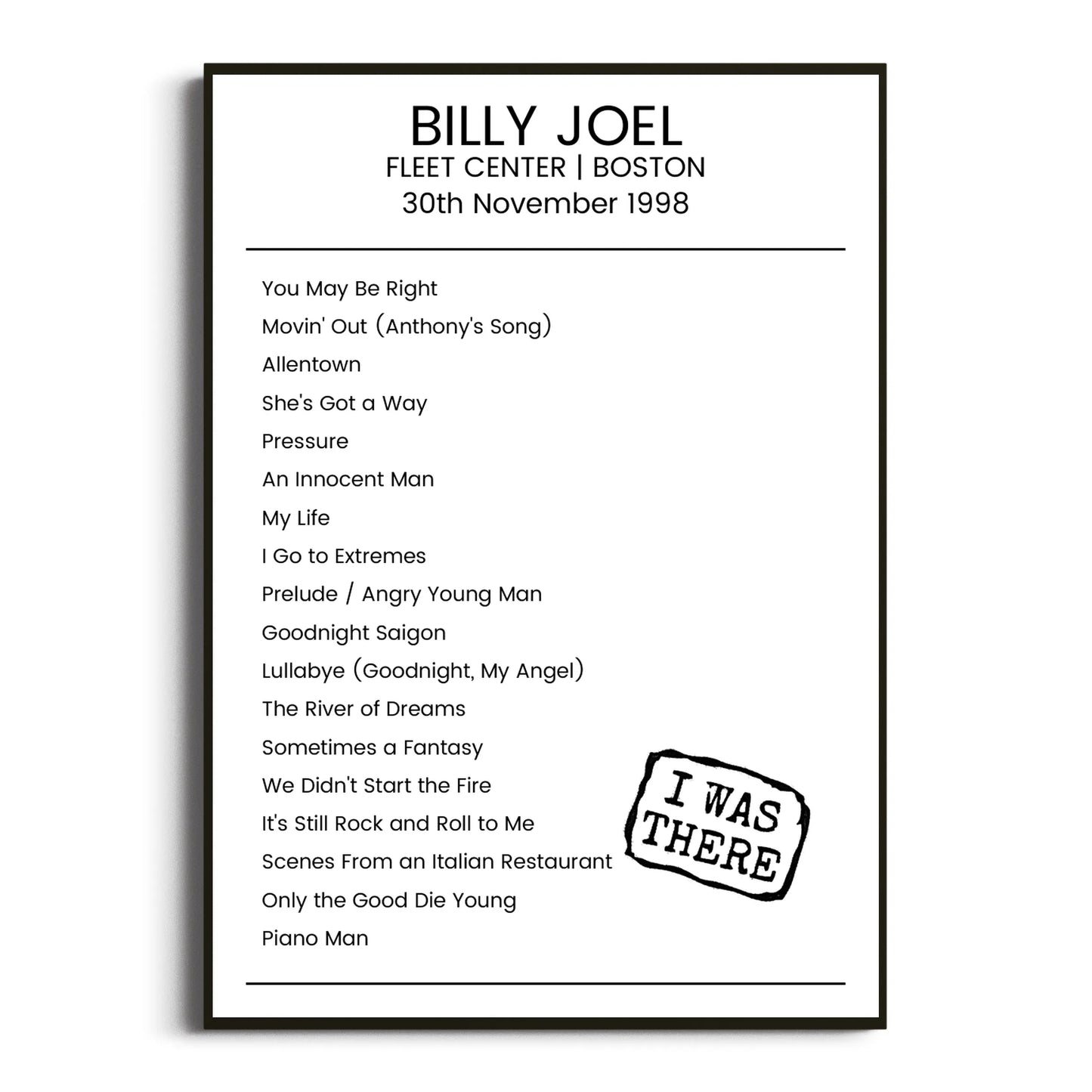 Billy Joel Boston 30 November 1998 Setlist Poster