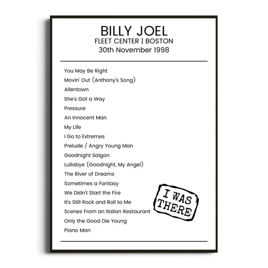 Billy Joel Boston 30 November 1998 Setlist Poster