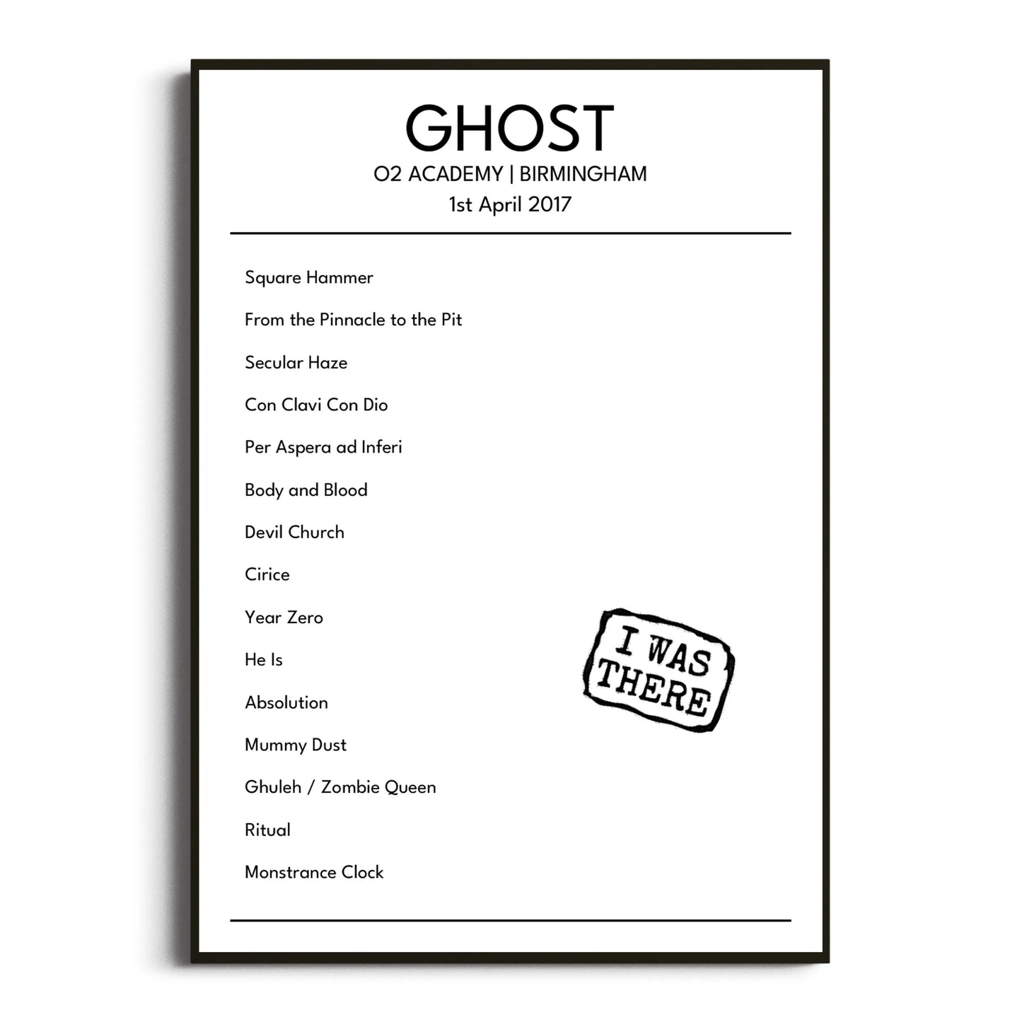 Ghost Birmingham 01 April 2017 Setlist Poster