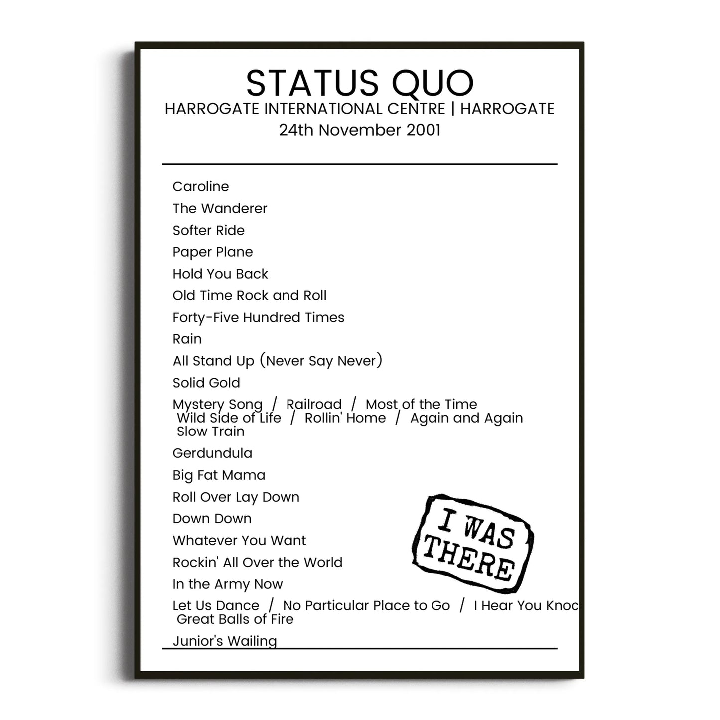 Status Quo Harrogate 24 November 2001 Setlist Poster