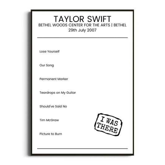 Taylor Swift Bethel 29 July 2007 Setlist Poster