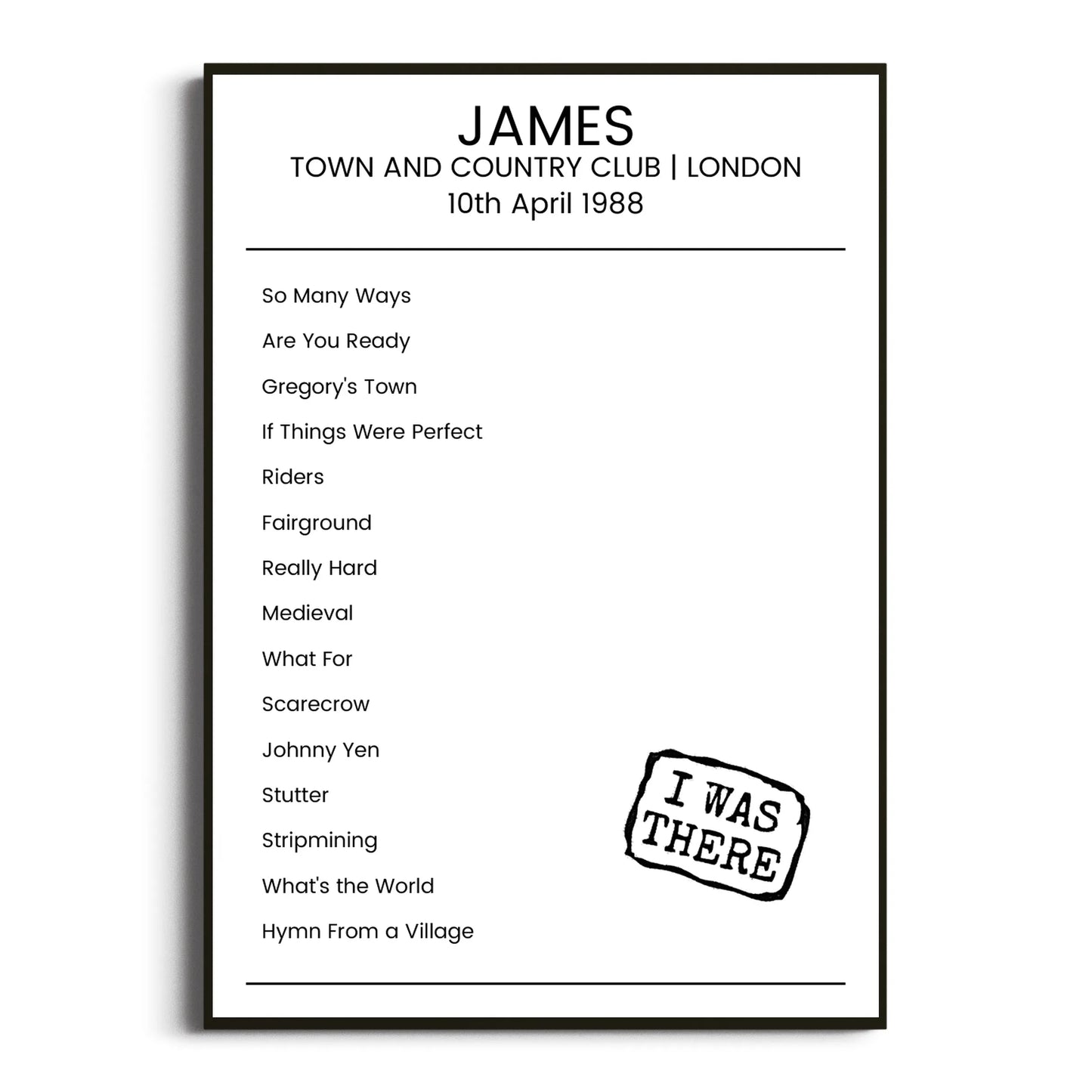 James London 10 April 1988 Setlist Poster