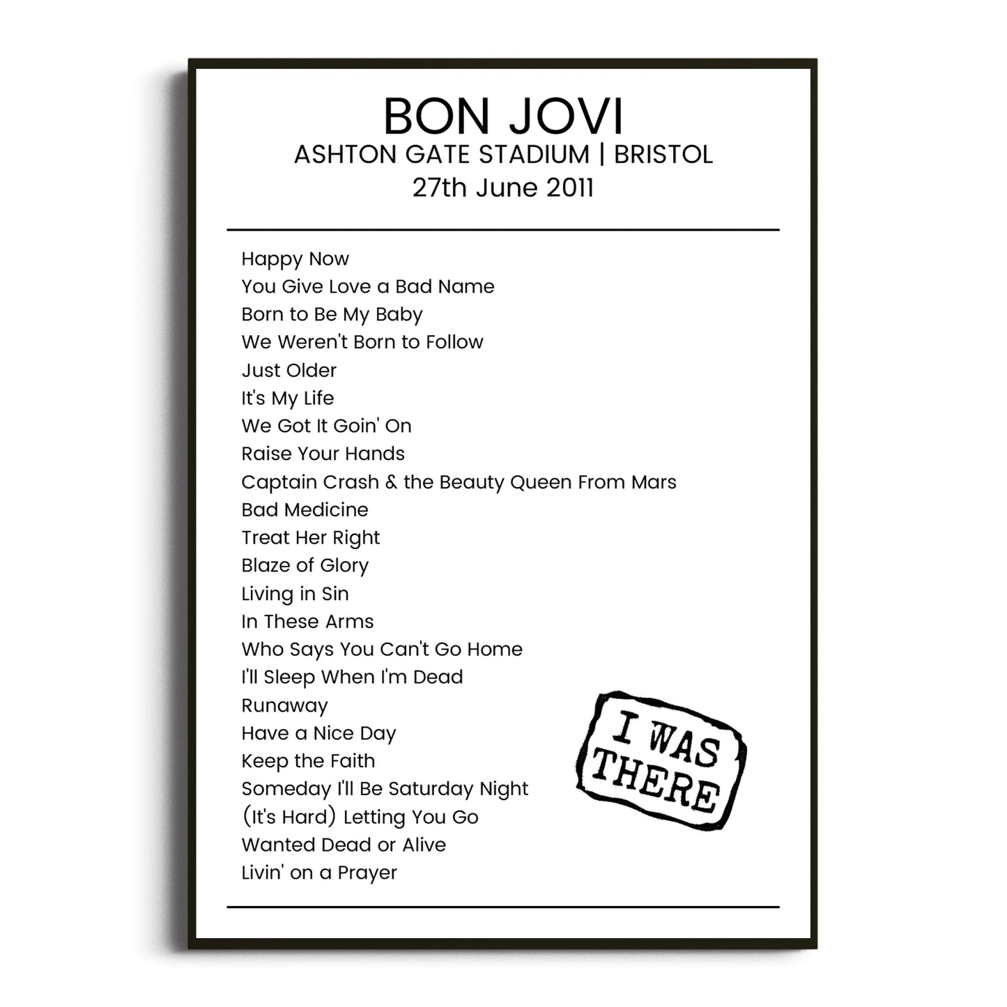 Bon Jovi Bristol 27 June 2011 Setlist Poster