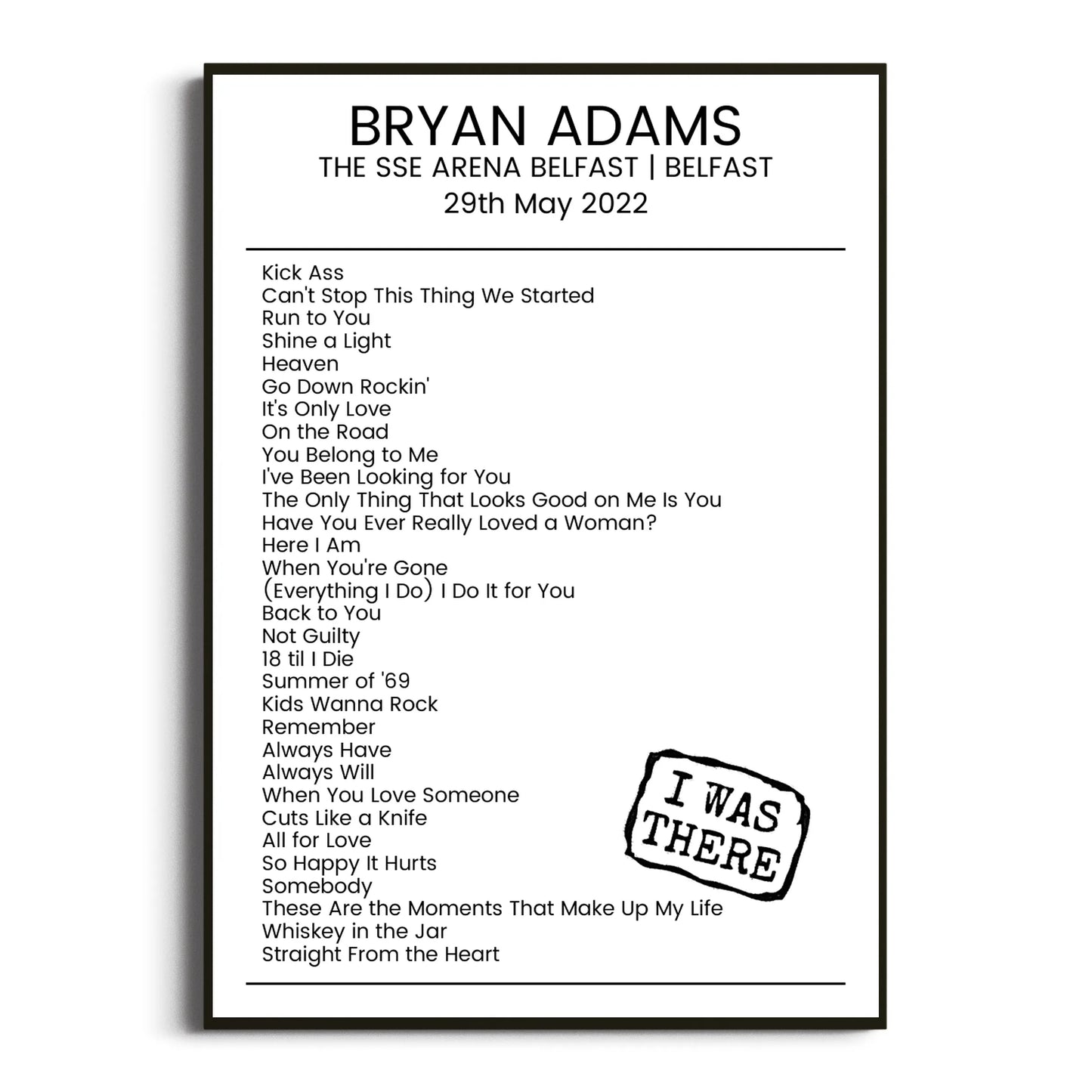 Bryan Adams Belfast 29 May 2022 Setlist Poster