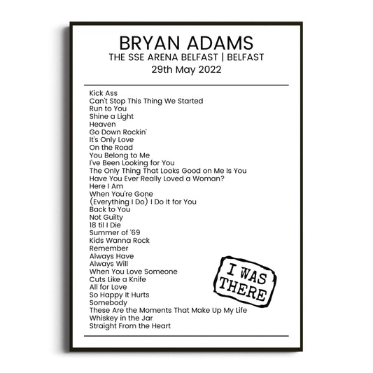 Bryan Adams Belfast 29 May 2022 Setlist Poster