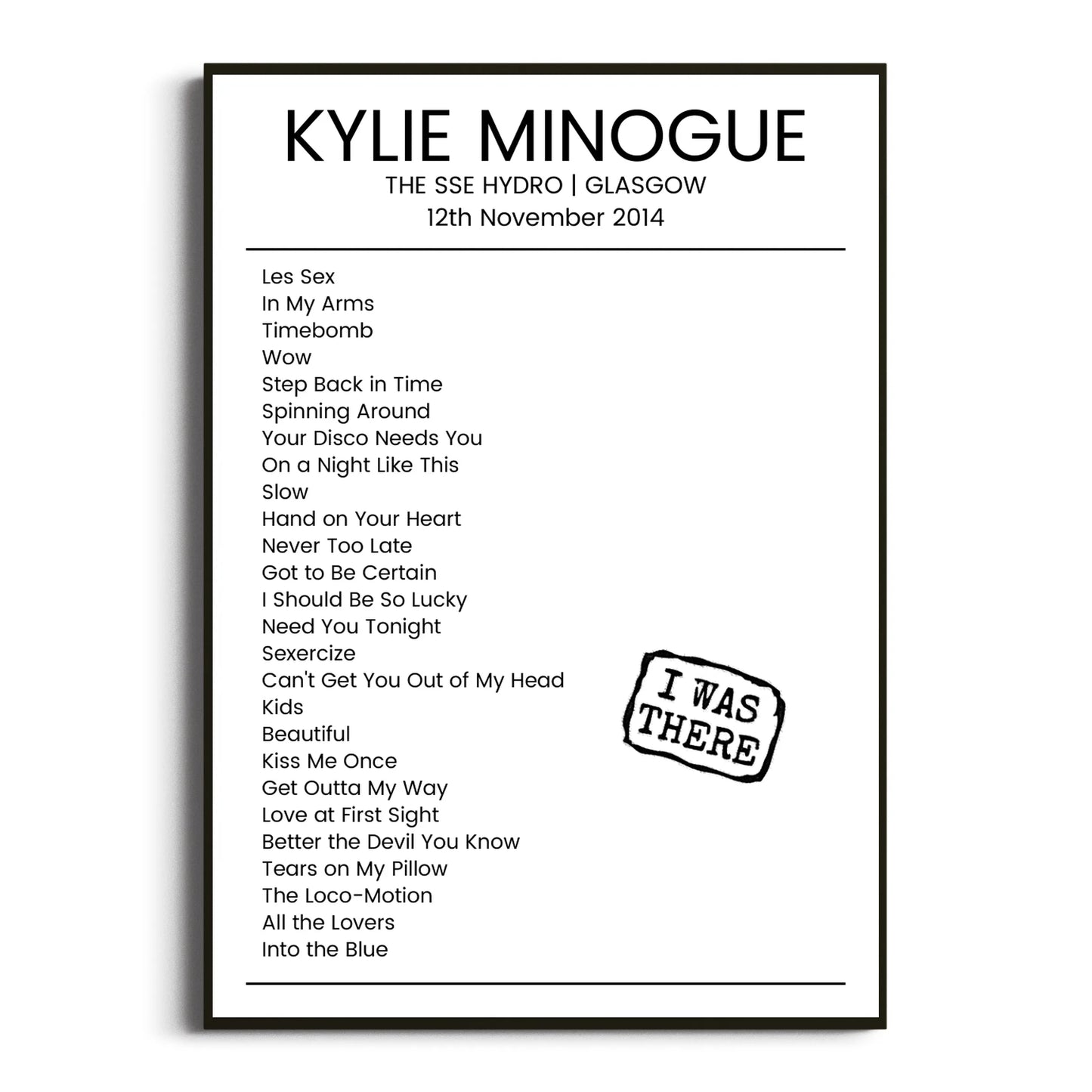 Kylie Minogue Glasgow 12 November 2014 Setlist Poster