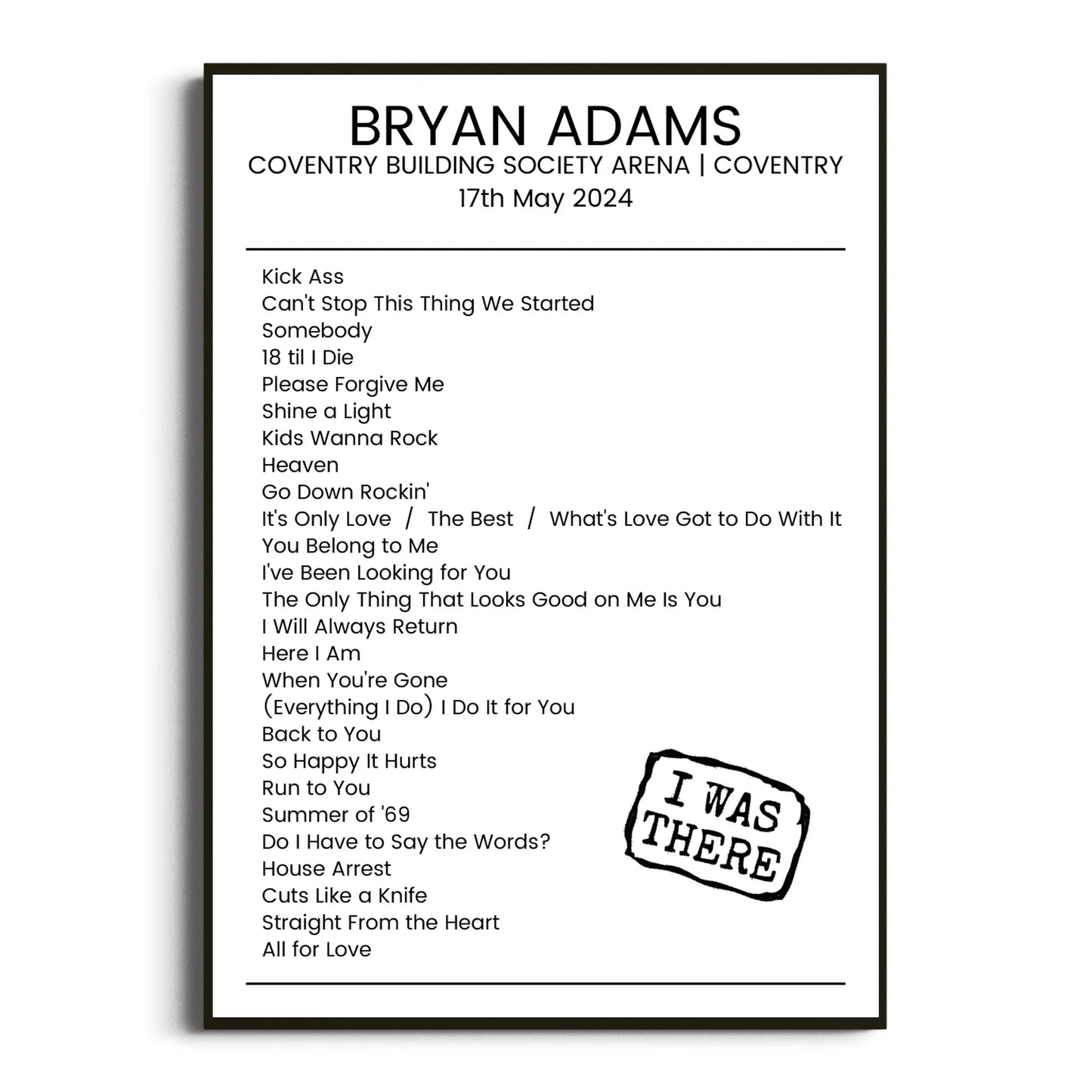 Bryan Adams Coventry 17 May 2024 Setlist Poster