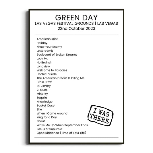 Green Day Las Vegas 22 October 2023 Setlist Poster