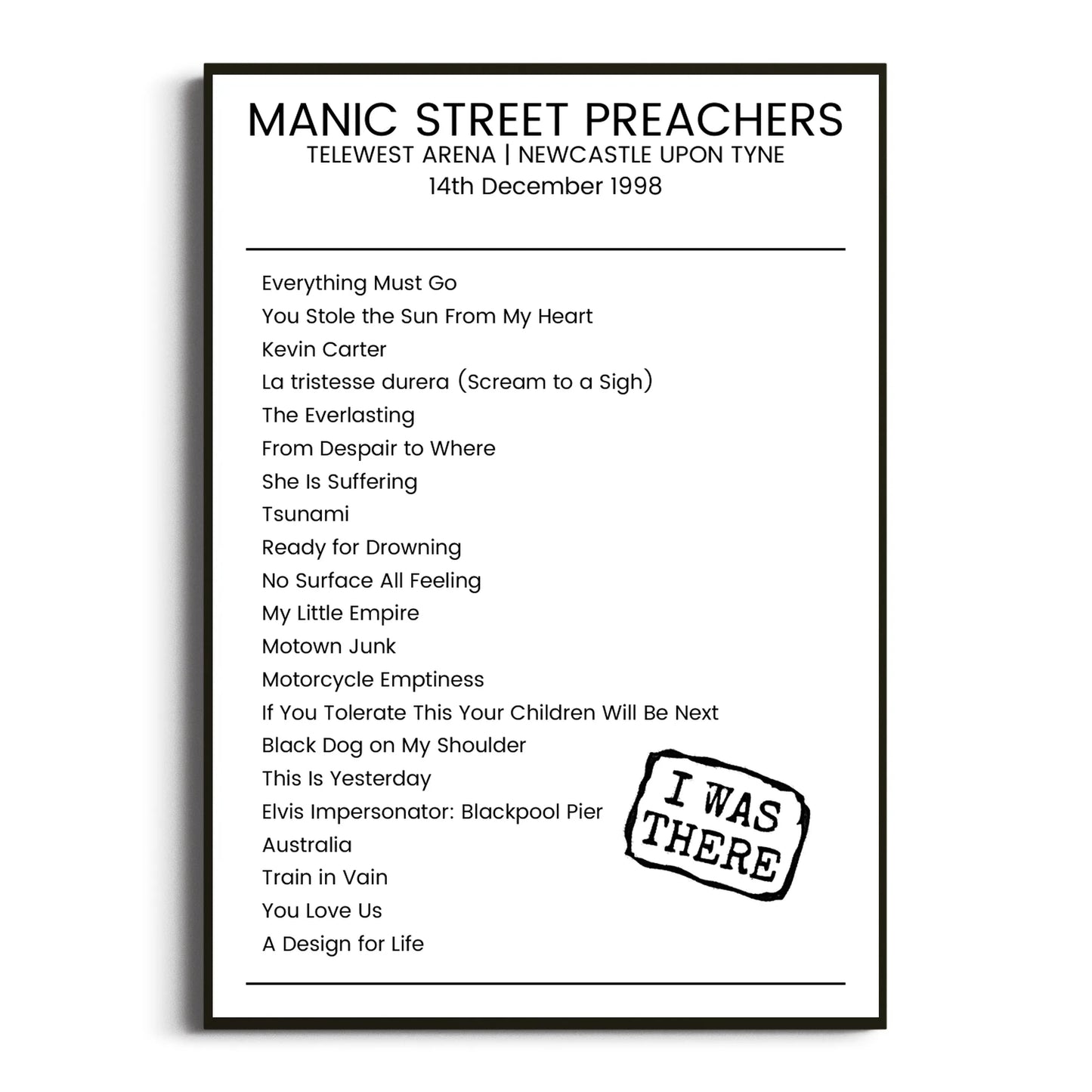 Manic Street Preachers Newcastle upon Tyne 14 December 1998 Setlist Poster