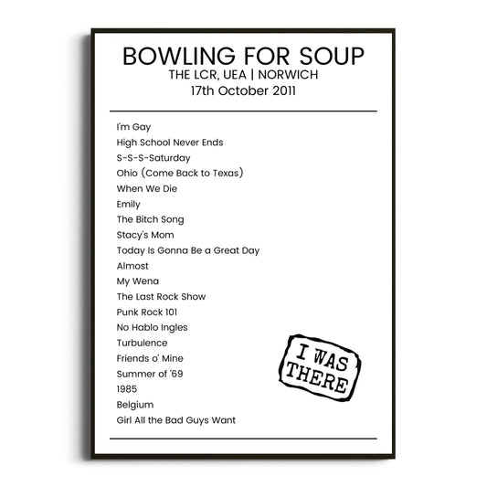 Bowling for Soup Norwich 17 October 2011 Setlist Poster