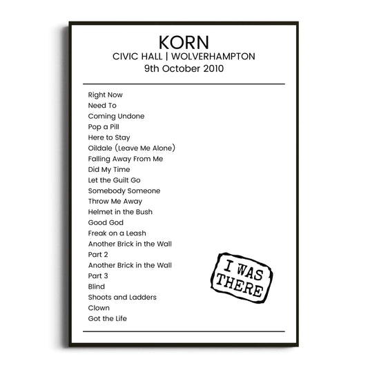 Korn Wolverhampton 09 October 2010 Setlist Poster