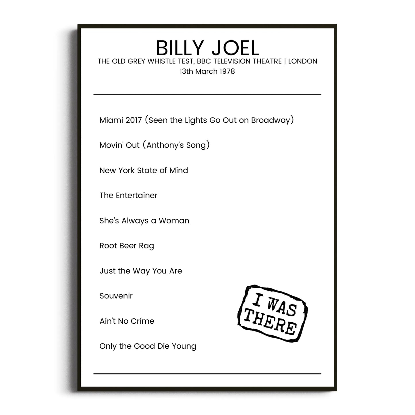 Billy Joel London 13 March 1978 Setlist Poster