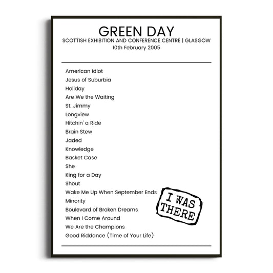 Green Day Glasgow 10 February 2005 Setlist Poster