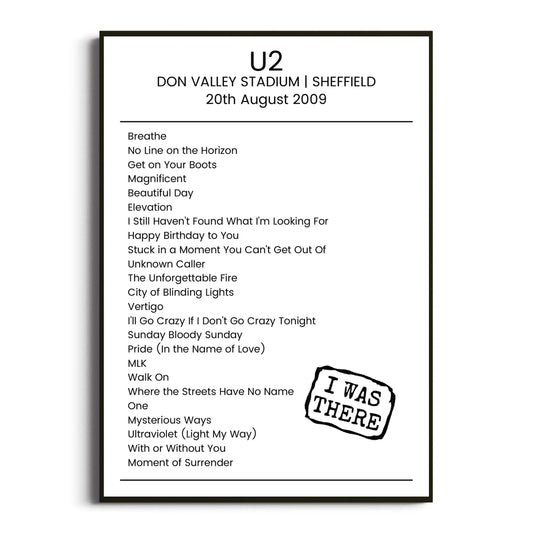 U2 Sheffield 20 August 2009 Setlist Poster