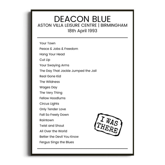 Deacon Blue Birmingham 18 April 1993 Setlist Poster