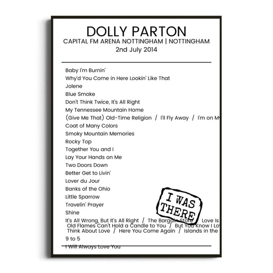 Dolly Parton Nottingham 02 July 2014 Setlist Poster