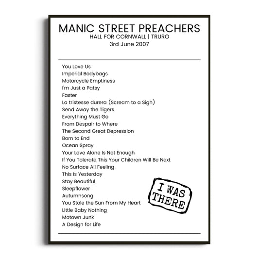 Manic Street Preachers Truro 03 June 2007 Setlist Poster