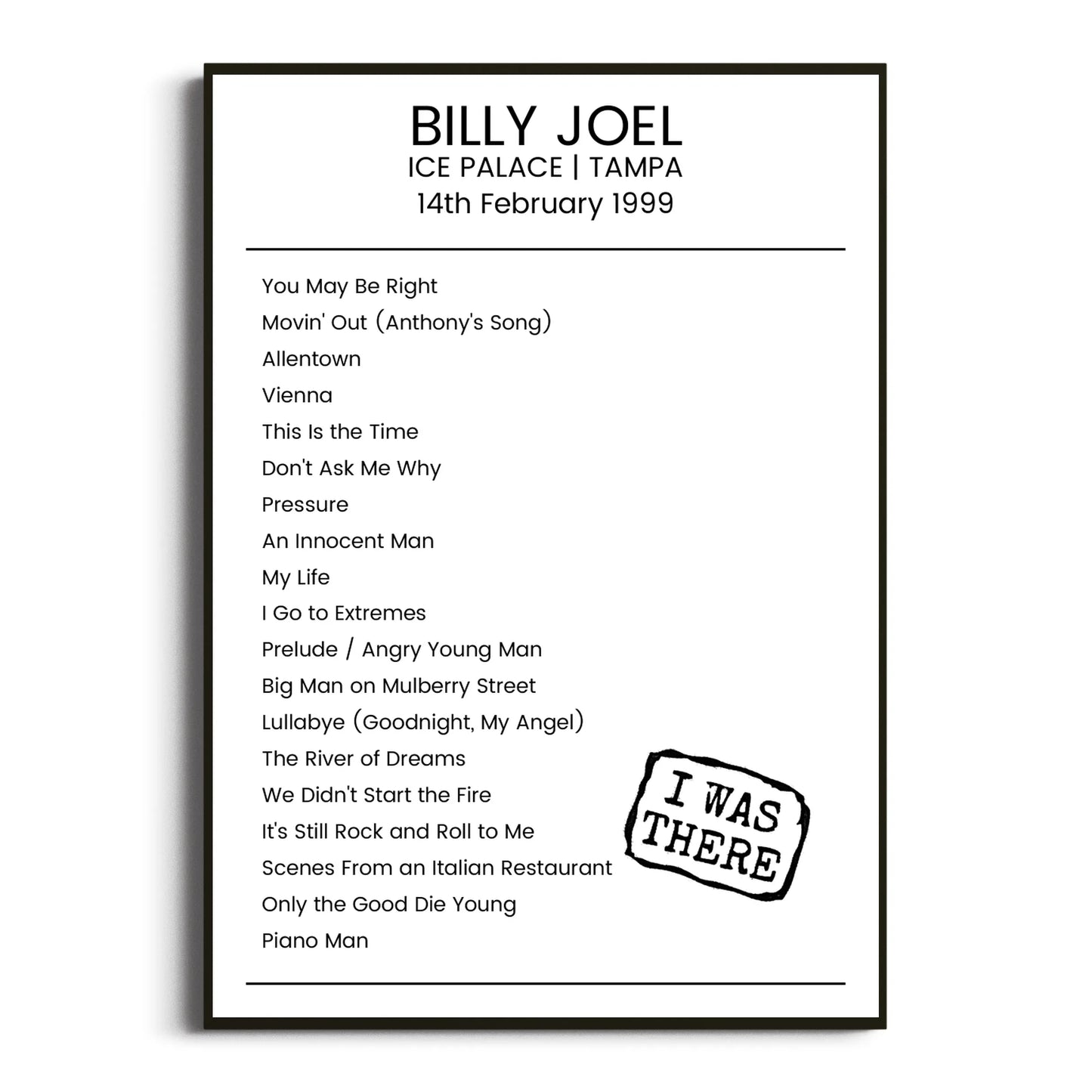 Billy Joel Tampa 14 February 1999 Setlist Poster