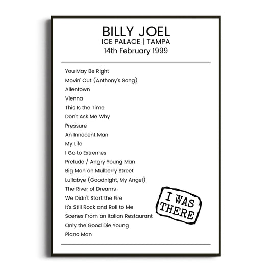 Billy Joel Tampa 14 February 1999 Setlist Poster