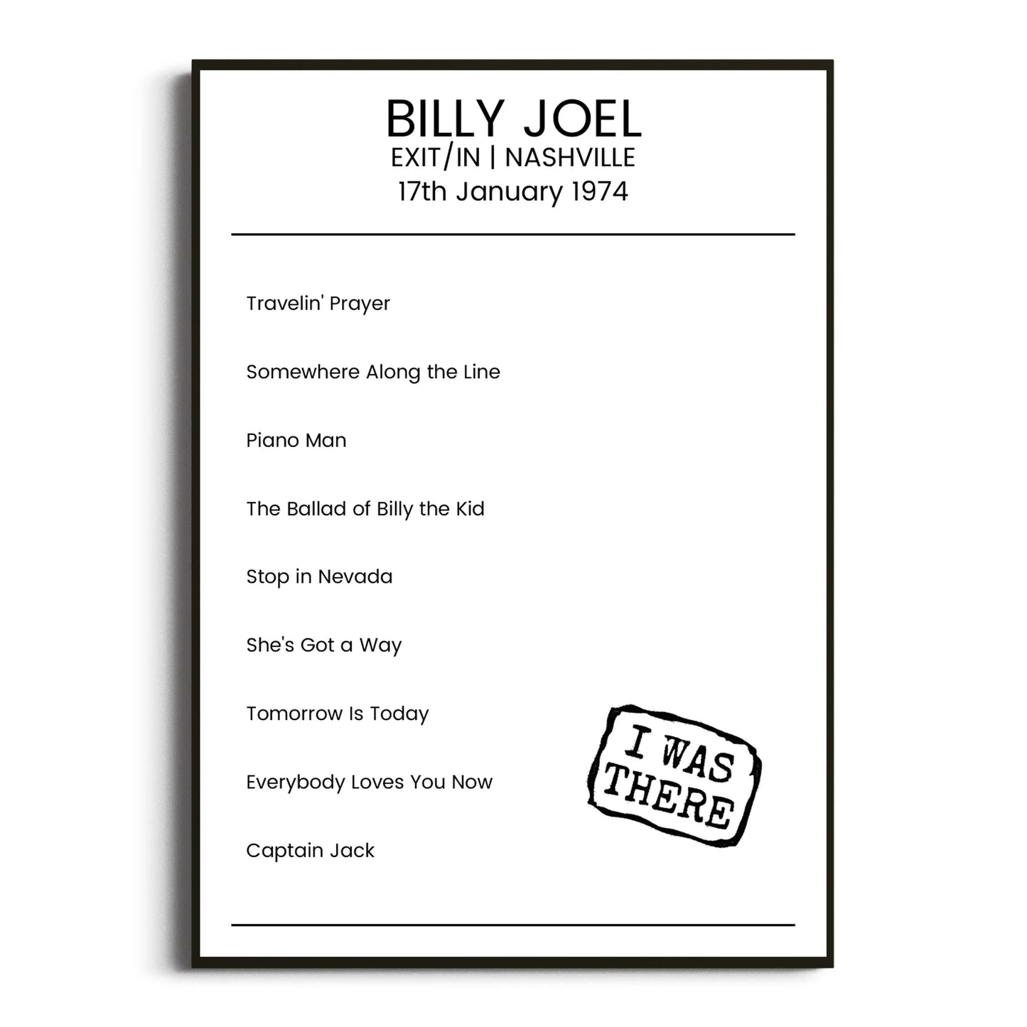 Billy Joel Nashville 17 January 1974 Setlist Poster