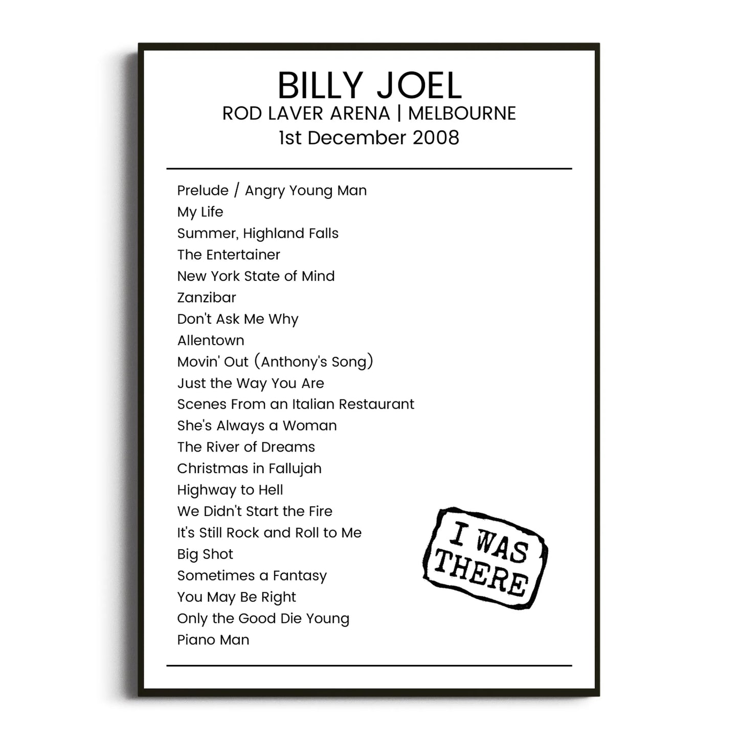 Billy Joel Melbourne 01 December 2008 Setlist Poster