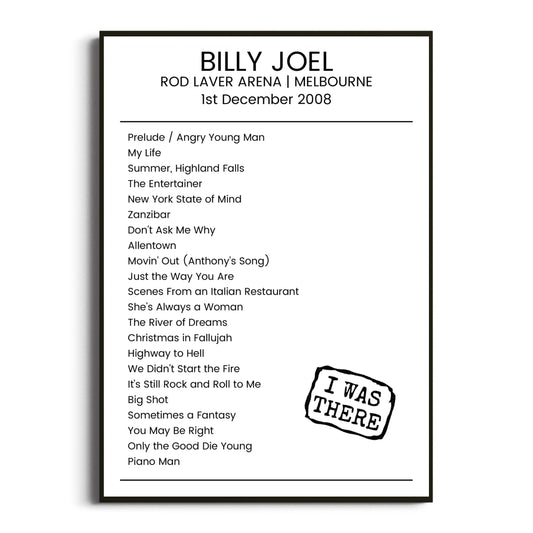 Billy Joel Melbourne 01 December 2008 Setlist Poster