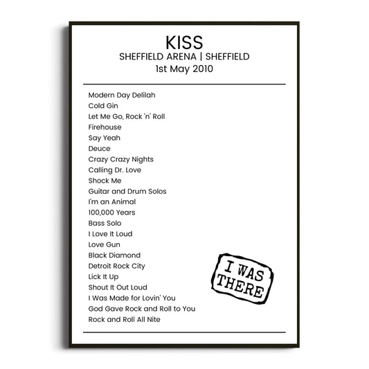 KISS Sheffield 01 May 2010 Setlist Poster