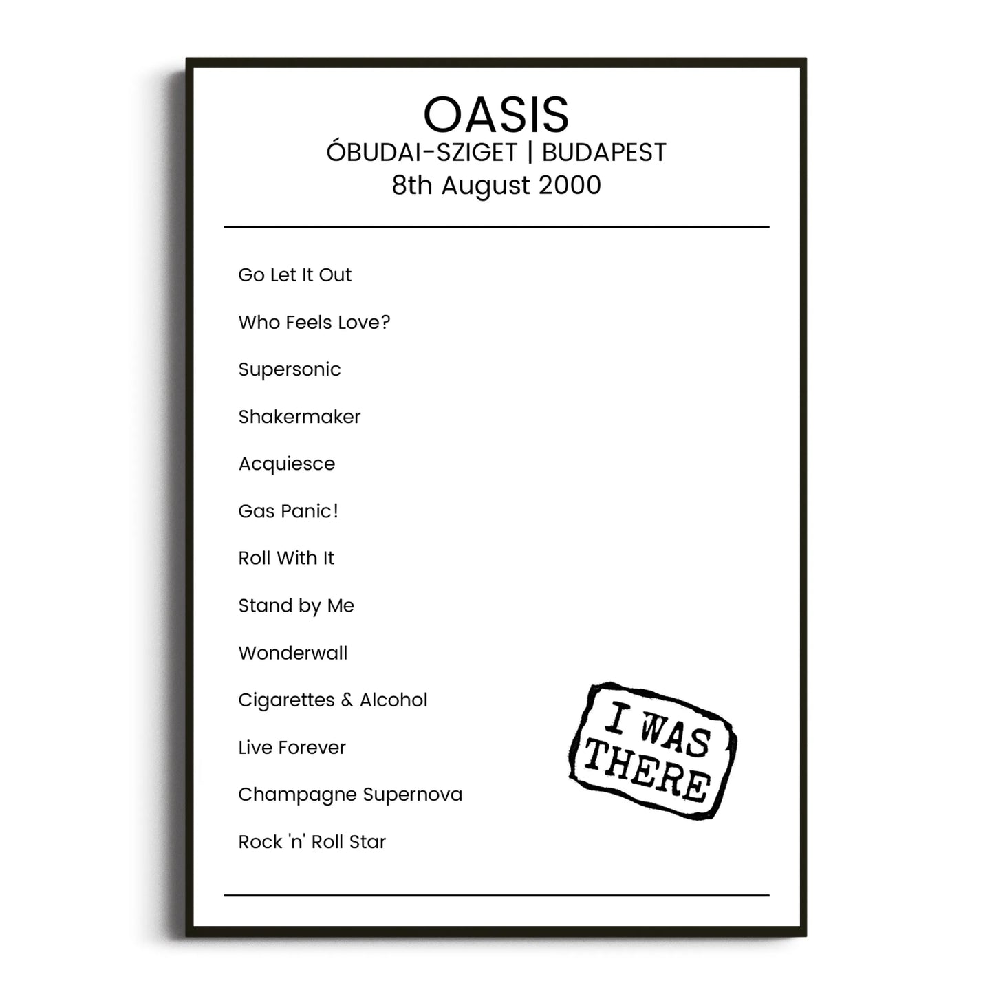 Oasis Budapest 08 August 2000 Setlist Poster