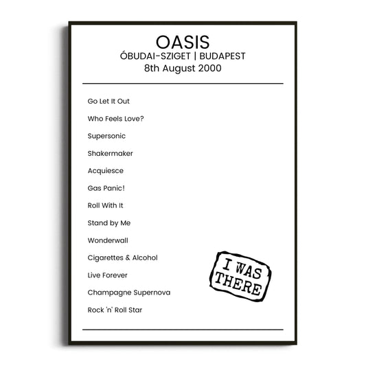 Oasis Budapest 08 August 2000 Setlist Poster