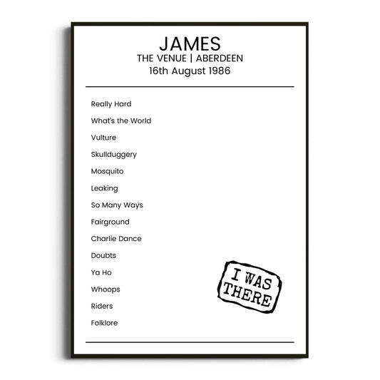 James Aberdeen 16 August 1986 Setlist Poster