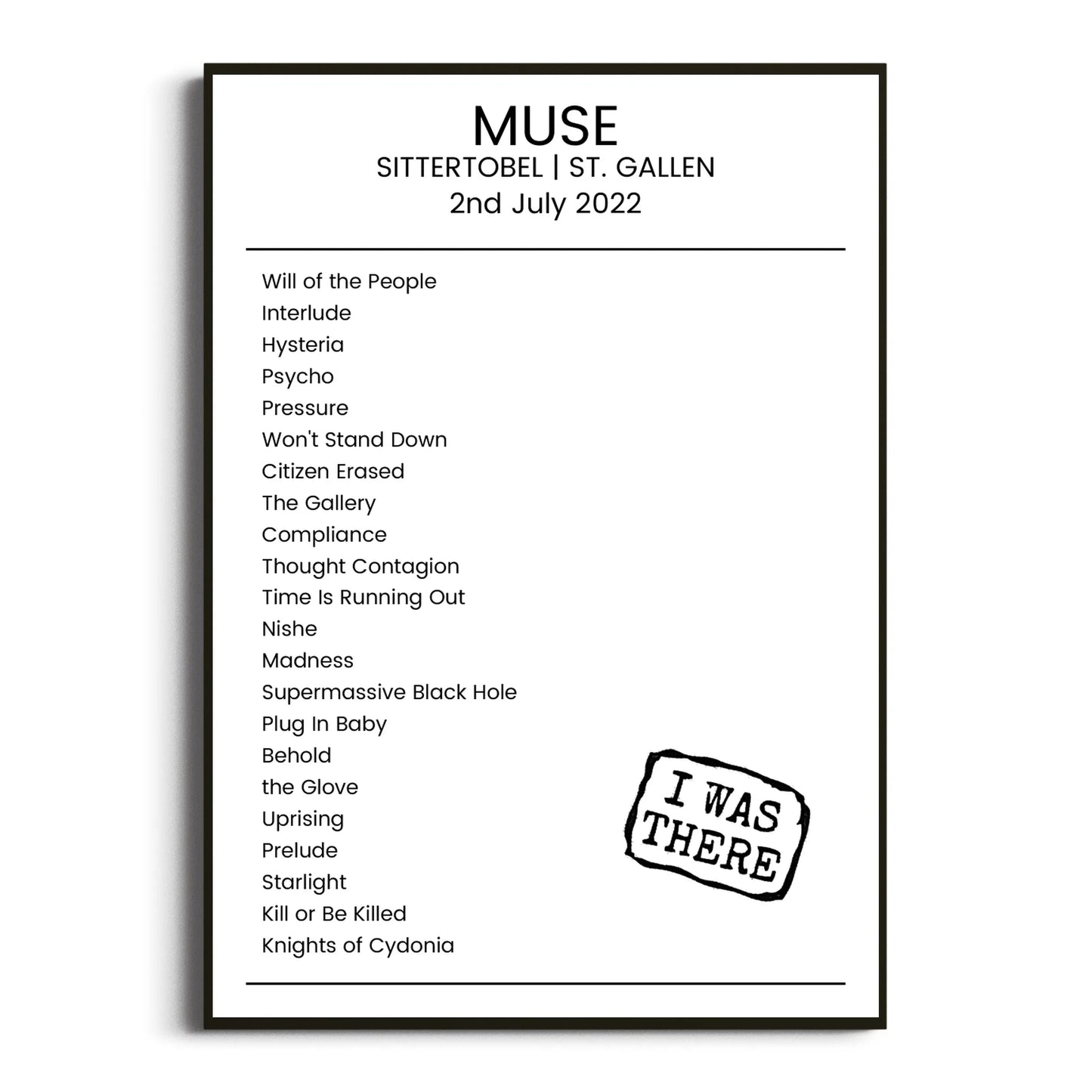 Muse St. Gallen 02 July 2022 Setlist Poster