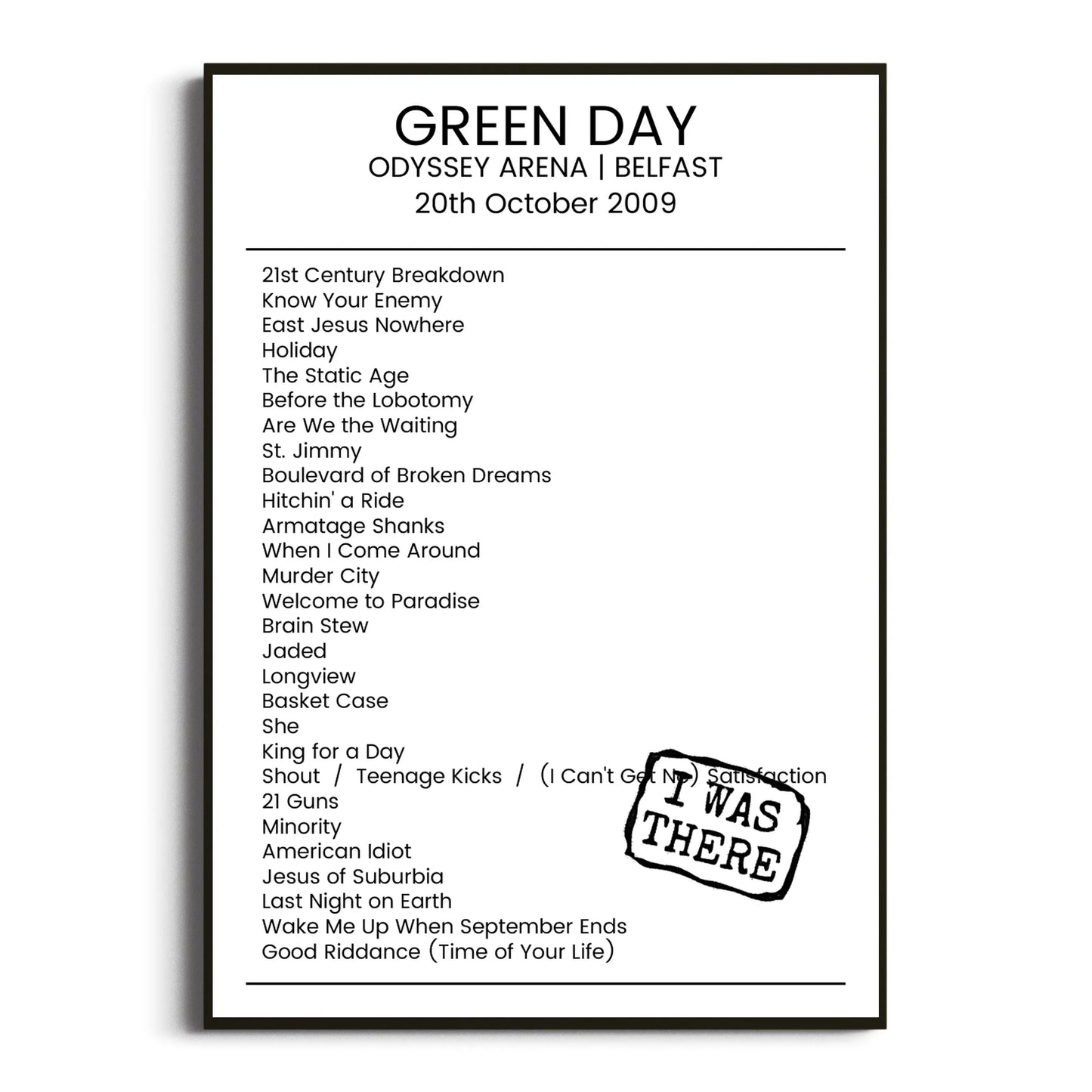 Green Day Belfast 20 October 2009 Setlist Poster