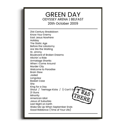 Green Day Belfast 20 October 2009 Setlist Poster