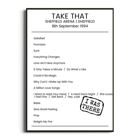 Take That Sheffield 08 September 1994 Setlist Poster