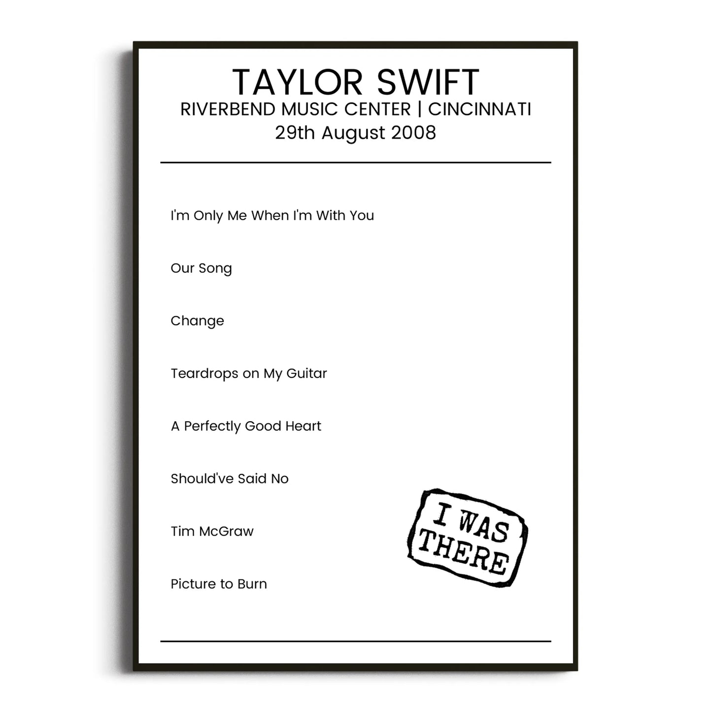 Taylor Swift Cincinnati 29 August 2008 Setlist Poster