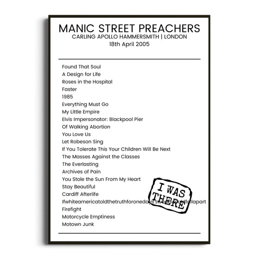 Manic Street Preachers London 18 April 2005 Setlist Poster