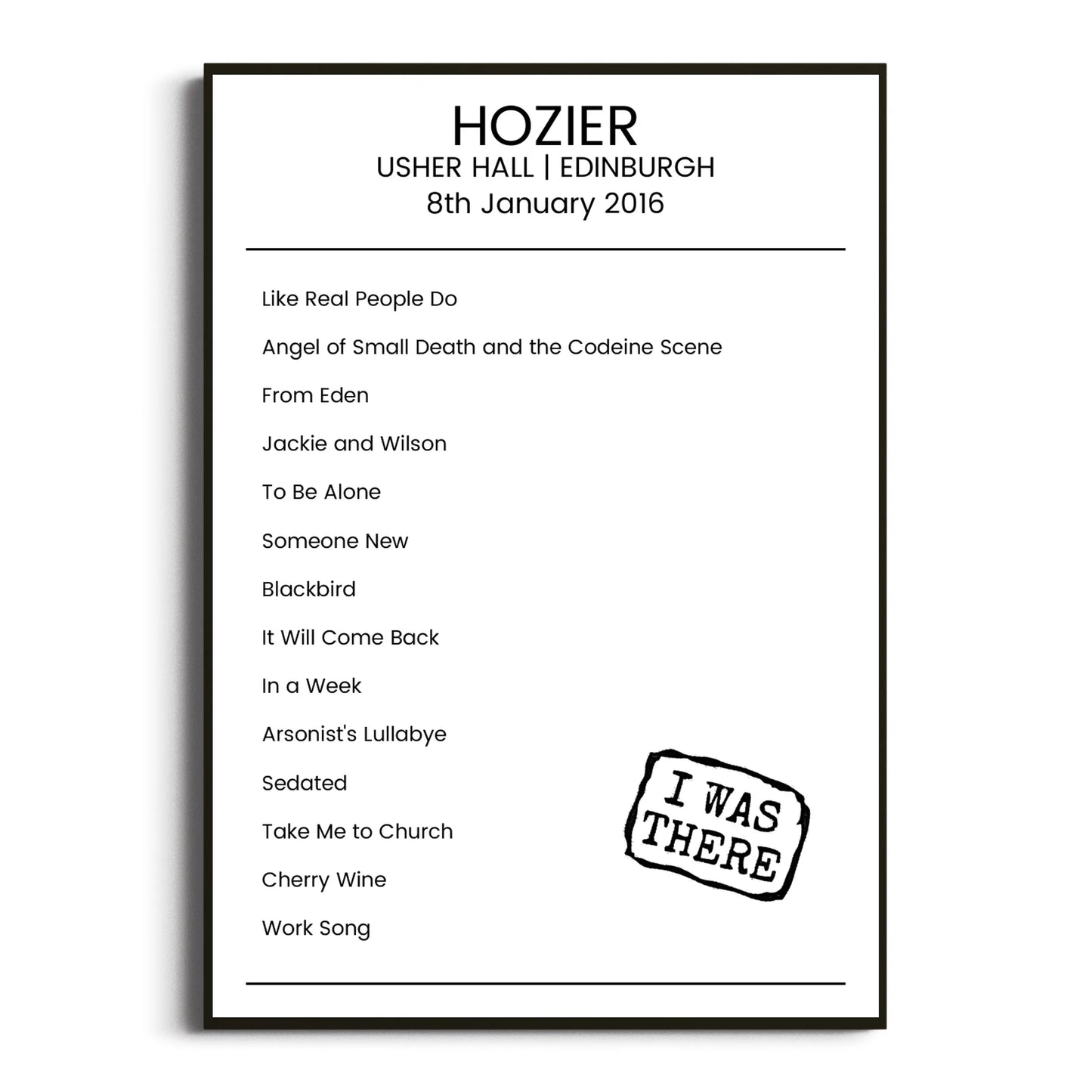 Hozier Edinburgh 08 January 2016 Setlist Poster