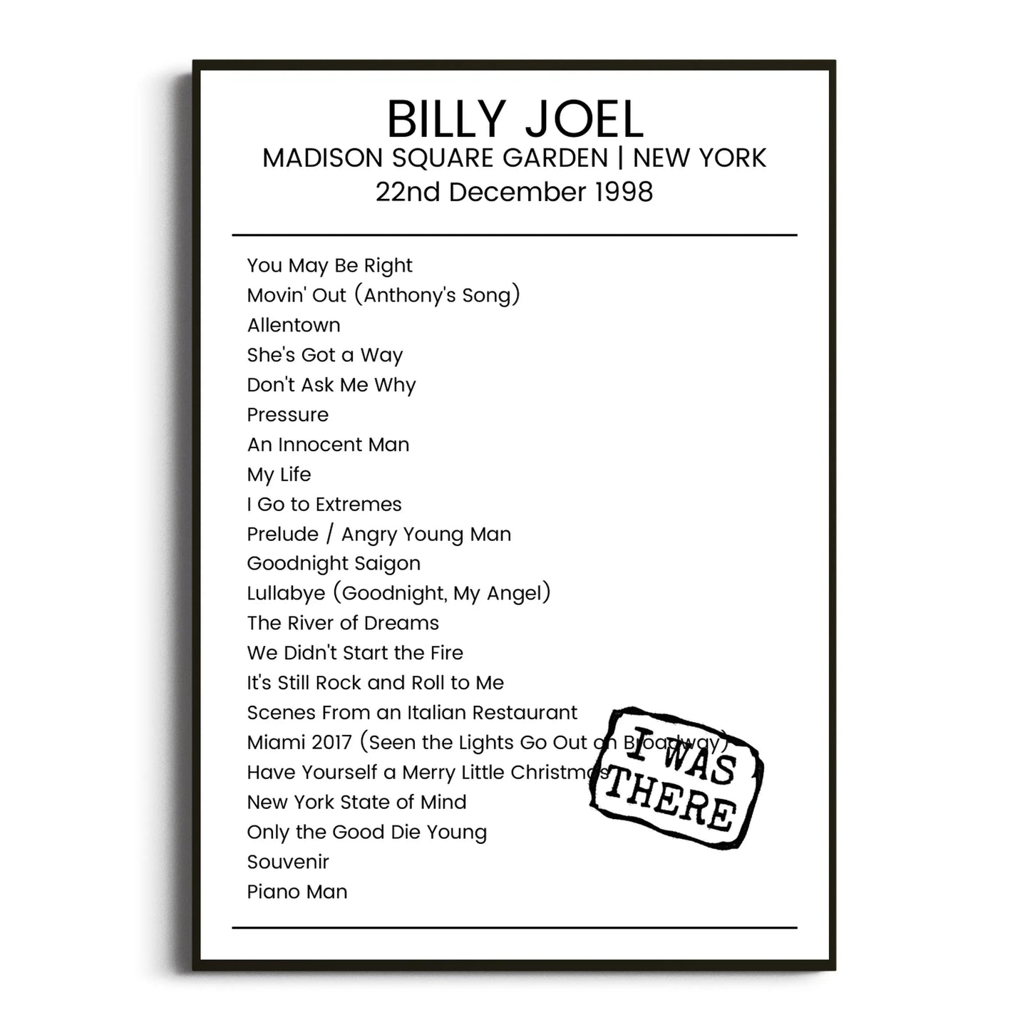 Billy Joel New York 22 December 1998 Setlist Poster