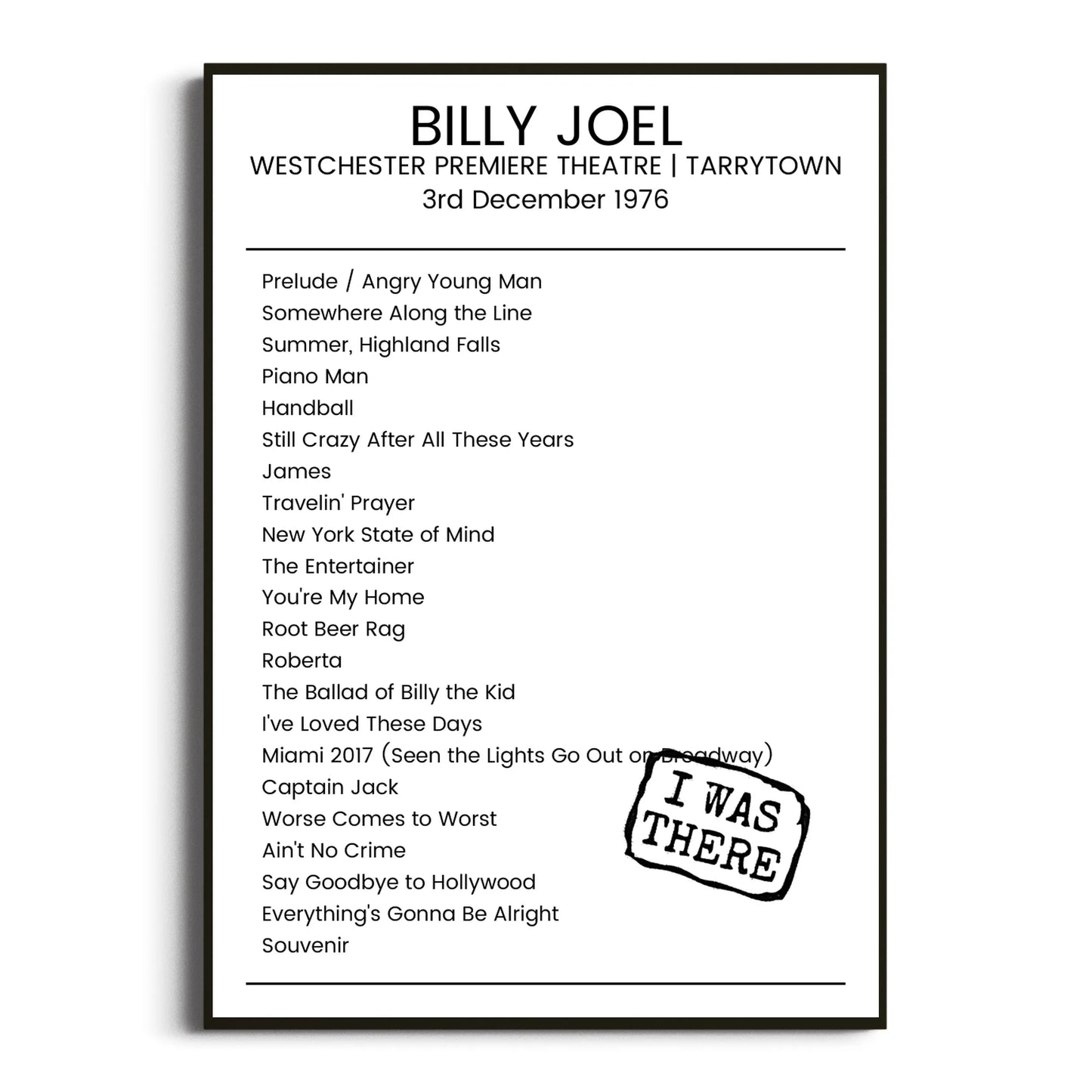 Billy Joel Tarrytown 03 December 1976 Setlist Poster