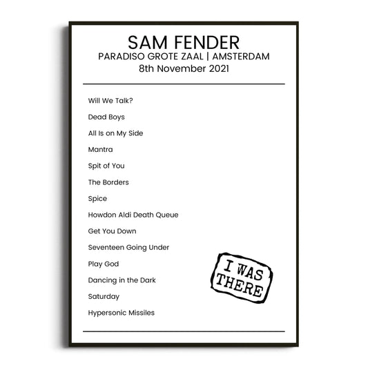 Sam Fender Amsterdam 08 November 2021 Setlist Poster