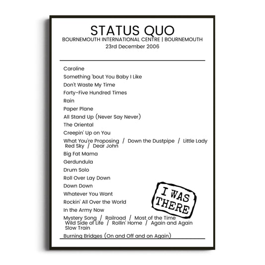 Status Quo Bournemouth 23 December 2006 Setlist Poster