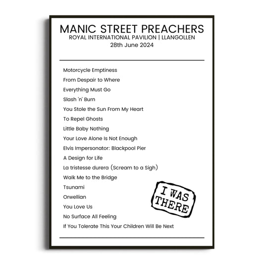 Manic Street Preachers Llangollen 28 June 2024 Setlist Poster