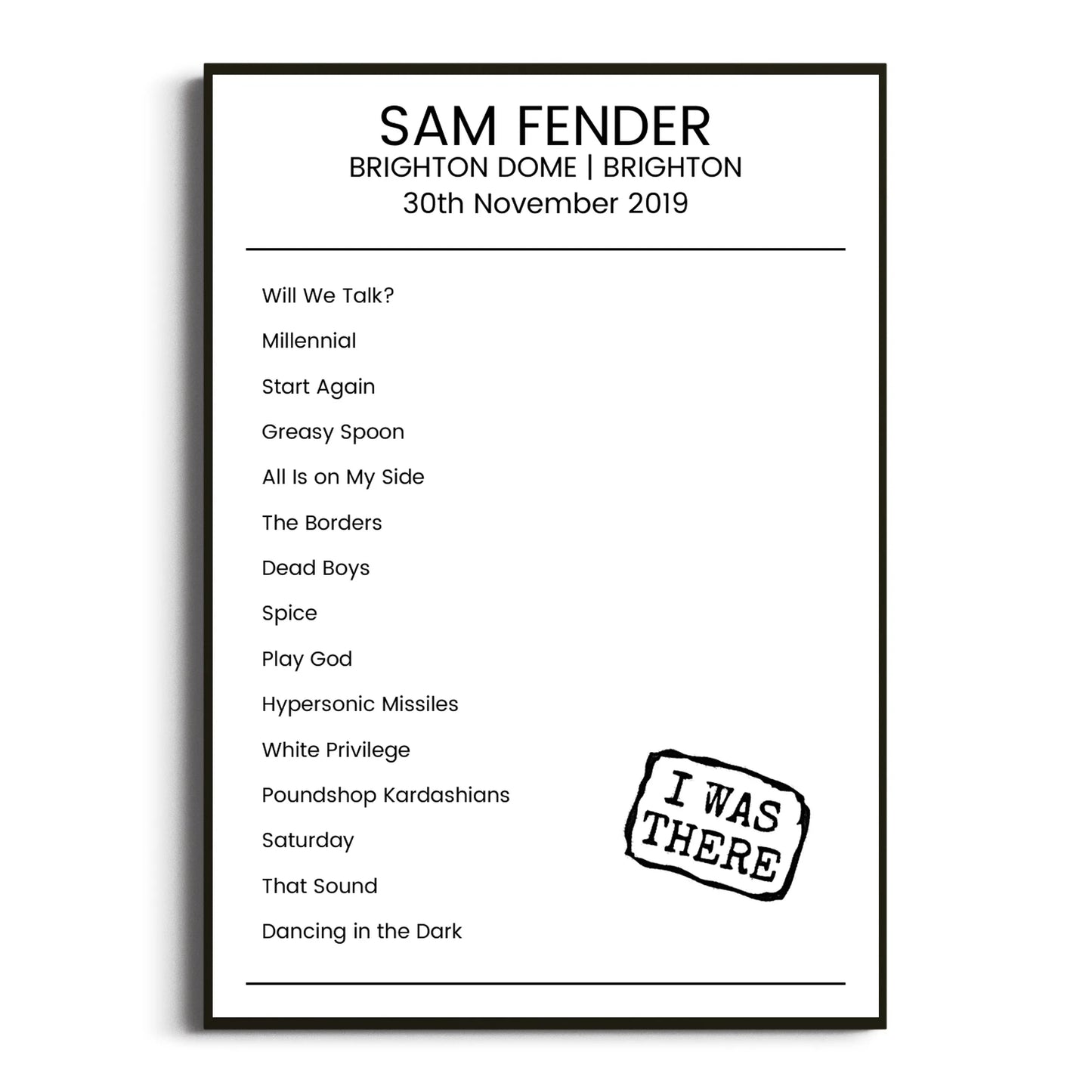 Sam Fender Brighton 30 November 2019 Setlist Poster