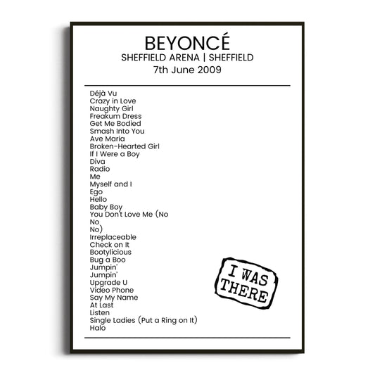 Beyoncé Sheffield 07 June 2009 Setlist Poster