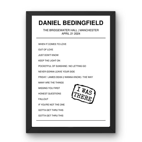 Daniel Bedingfield April 21, 2024 The Bridgewater Hall Manchester Setlist Poster - Setlist